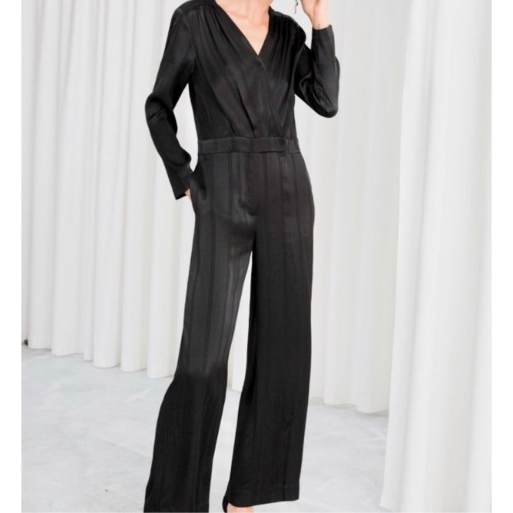 & Other Stories Paris Atelier Black Satin Striped Wrap V-Neck Jumpsuit US 4